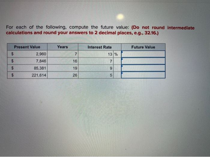 For Each Of The Following Compute The Future Value Solved For each of the following, compute the future value: | Chegg.com