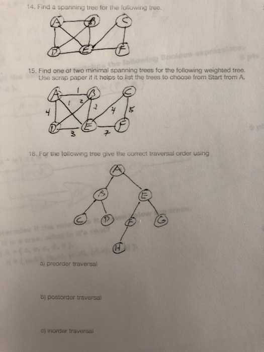 Solved 14. Find a spanning tree for the following treo 15. | Chegg.com