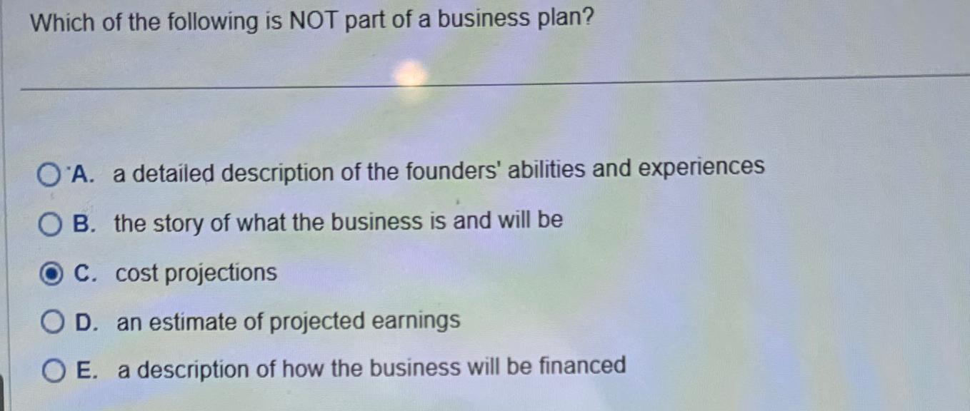 which of the following is not included in a business plan quizlet