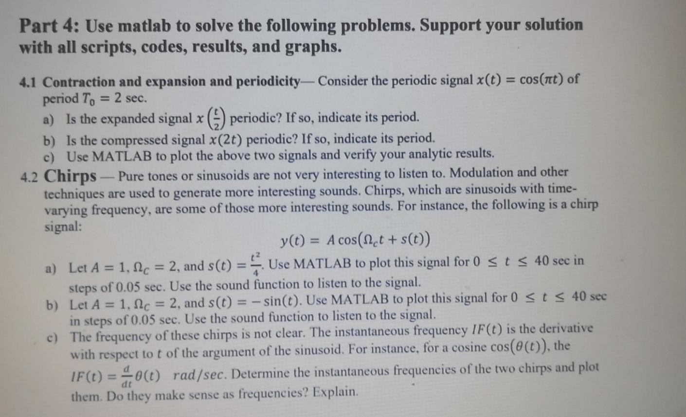 Solved Part 4: Use matlab to solve the following problems. | Chegg.com