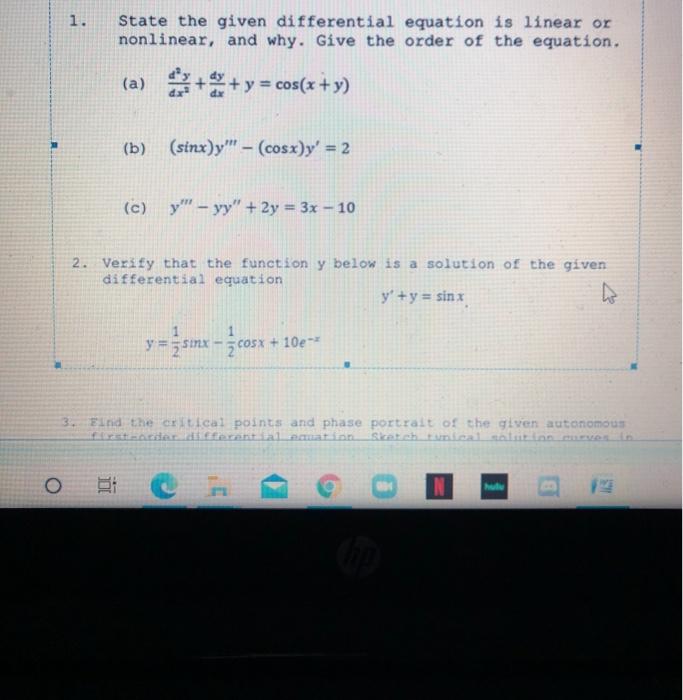 Solved 1 State The Given Differential Equation Is Linear Chegg Com