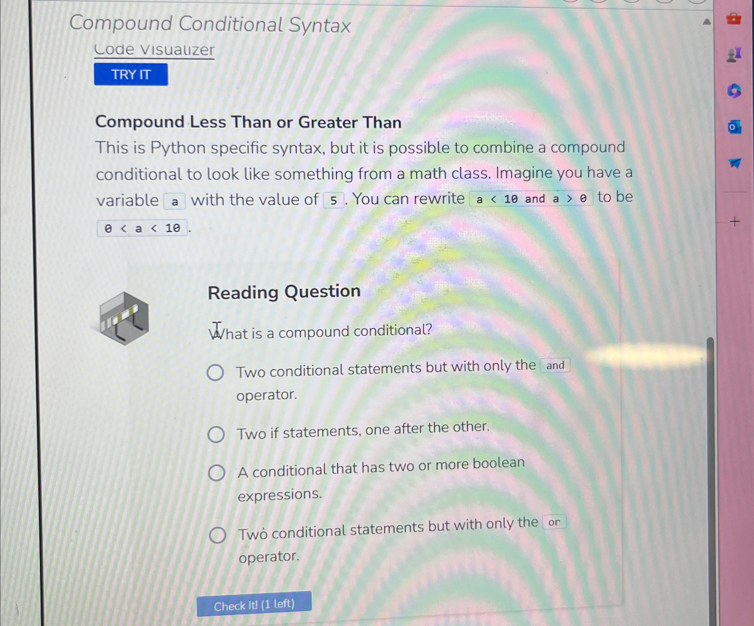Solved Compound Conditional SyntaxLode visuatizerTRY | Chegg.com