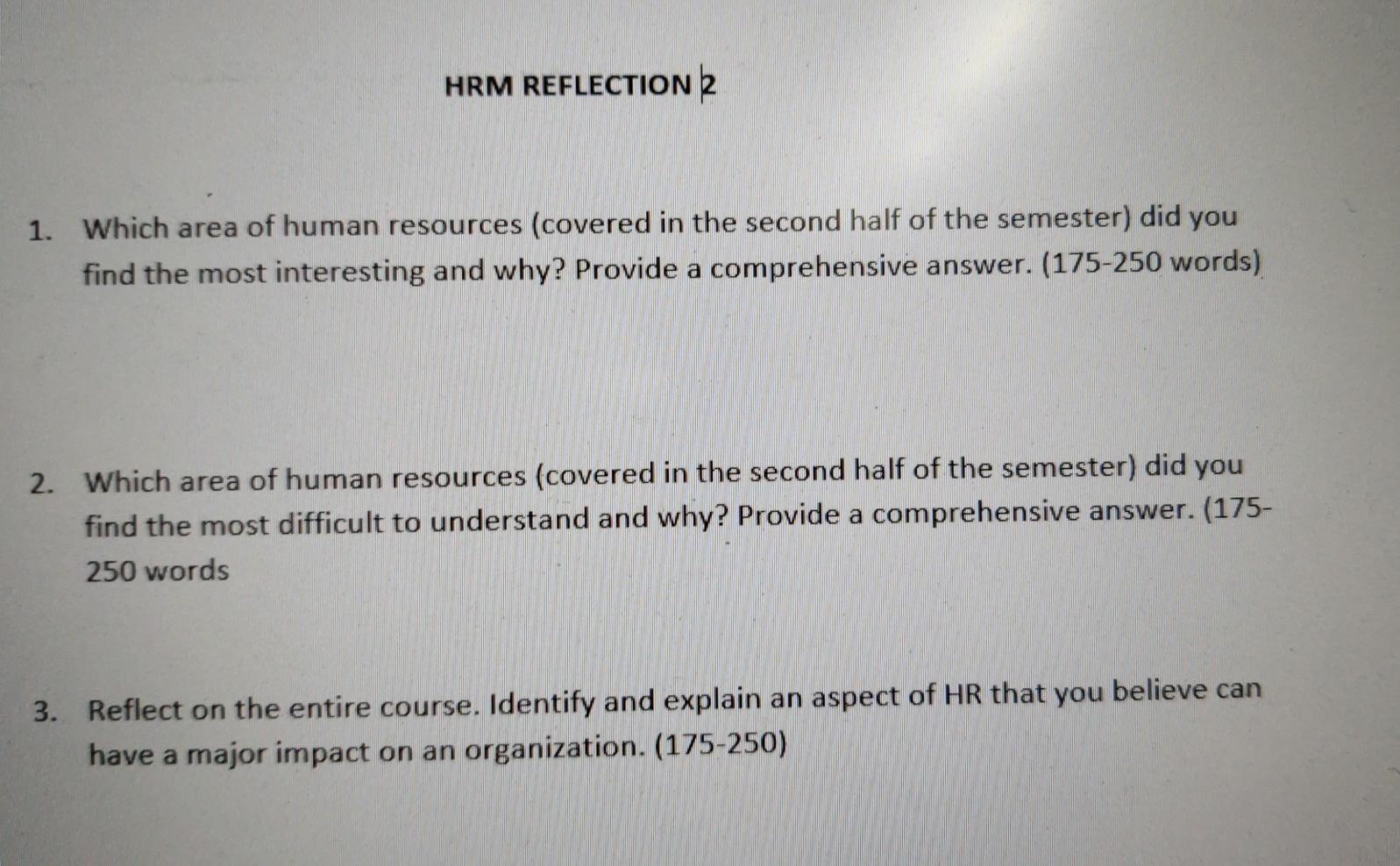 Solved HRM REFLECTION 2 1 Which Area Of Human Resources Chegg