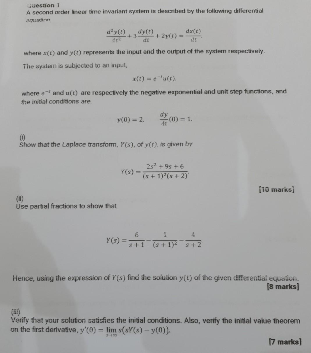 Solved question 1 A second order linear time invariant | Chegg.com