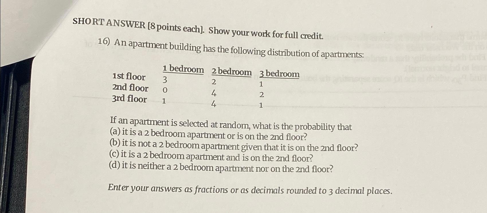 Solved SHORT ANSWERAn Apartment Building Has The Following | Chegg.com