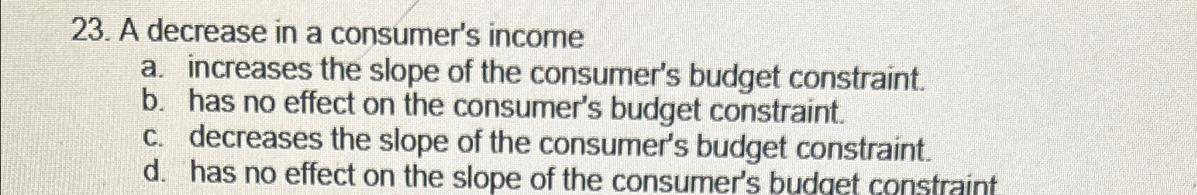 Solved A decrease in a consumer's incomea. ﻿increases the | Chegg.com