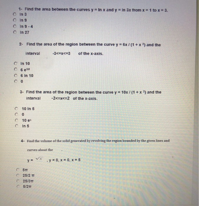 Solved 1- Find the area between the curves y = In x and y = | Chegg.com