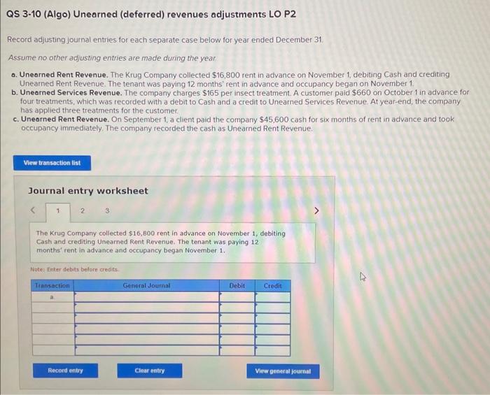Solved QS 3-10 (Algo) Unearned (deferred) revenues | Chegg.com