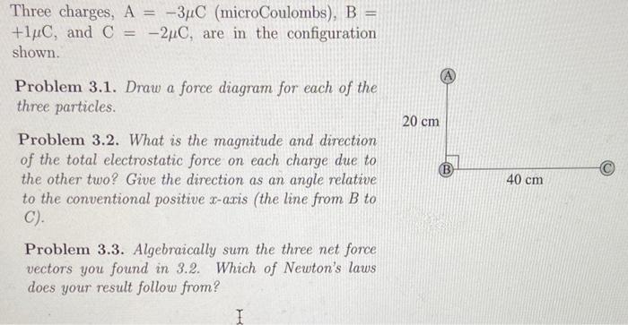 Solved Three charges, A=−3μC (microCoulombs), B= +1μC, and | Chegg.com