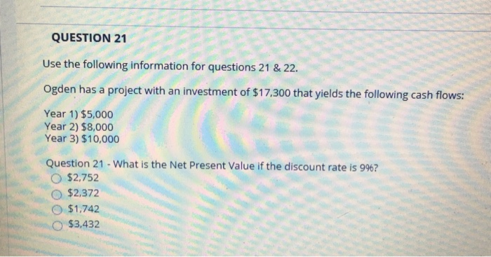 Solved QUESTION 21 Use the following information for | Chegg.com