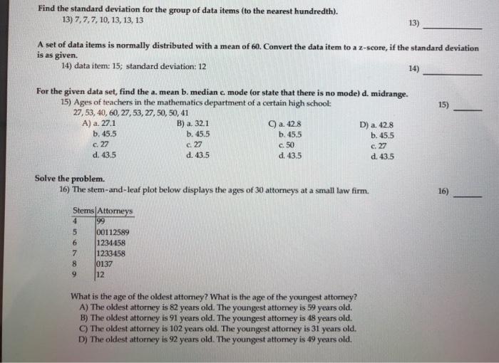 Solved Find the standard deviation for the group of data | Chegg.com