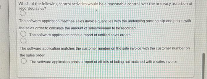 Solved Which Of The Following Control Activities Would Be A | Chegg.com