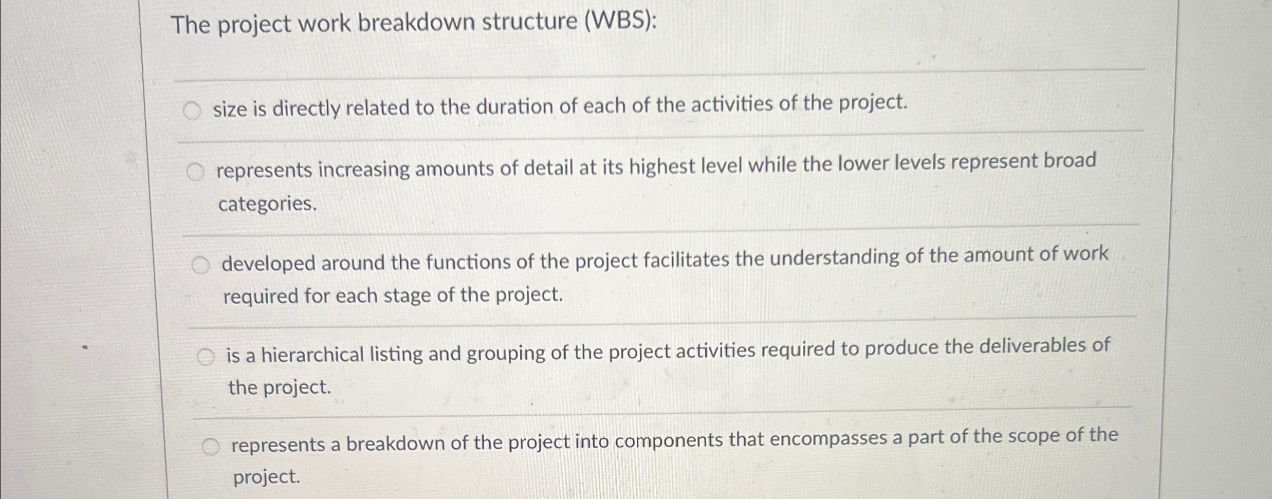 Solved The project work breakdown structure (WBS):size is | Chegg.com