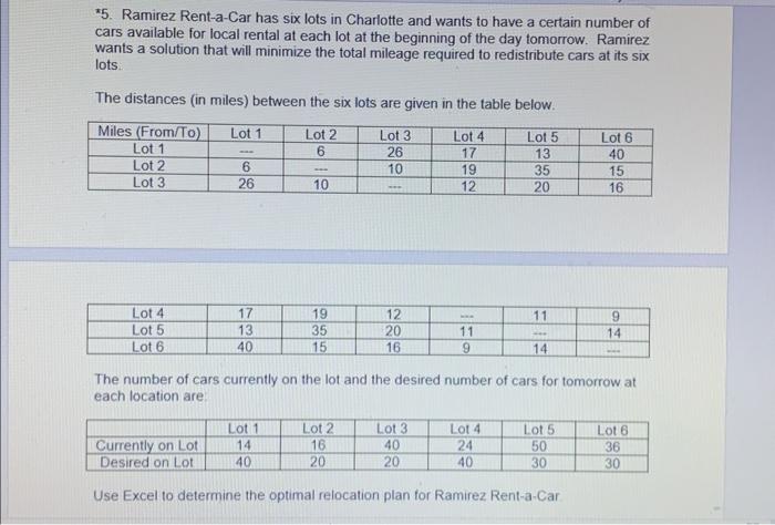 Solved *5. Ramirez Rent-a-Car has six lots in Charlotte and | Chegg.com