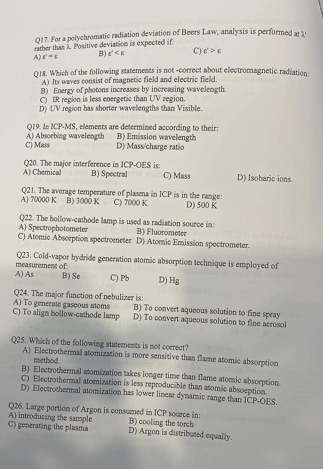 Q17. For a polychromatic radiation deviation of Beers Law, analysis is performed at \( \lambda^{\prime} \) rather than \( \la