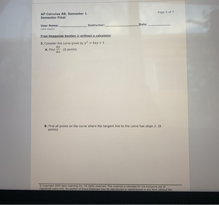 Solved Page 5 Of 7 AP Calculus AB, Semester 1 Semester Final | Chegg.com