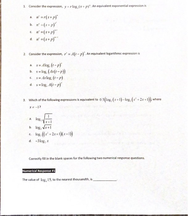 Solved 1 Consider The Expression Y Rlog X P An Equ Chegg Com