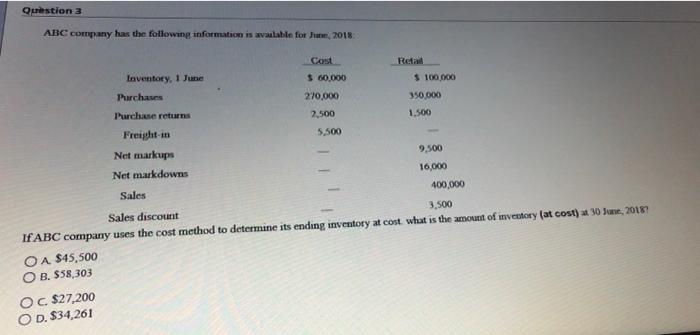 Solved Question 3 ABC Company Has The Following Information | Chegg.com