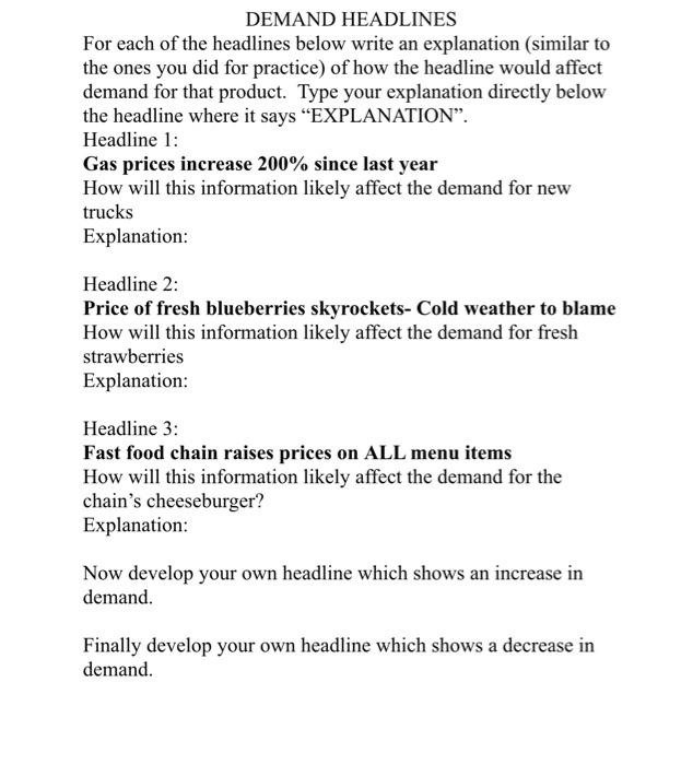 Solved DEMAND HEADLINES For each of the headlines below | Chegg.com