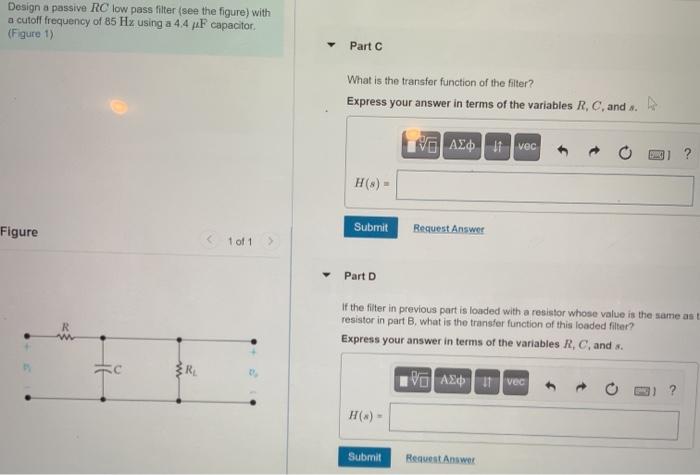 Solved Design a passive RC low pass filter (see the figure) | Chegg.com