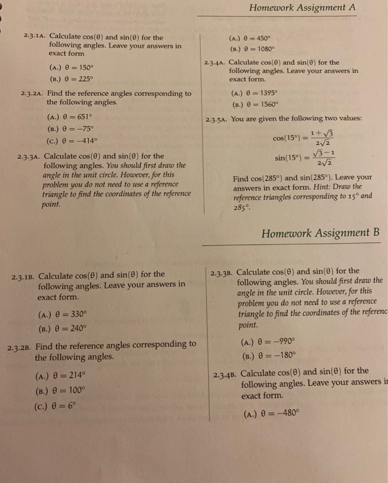 Solved Homework Assignment A 2.3.1A. Calculate cos(e) and | Chegg.com