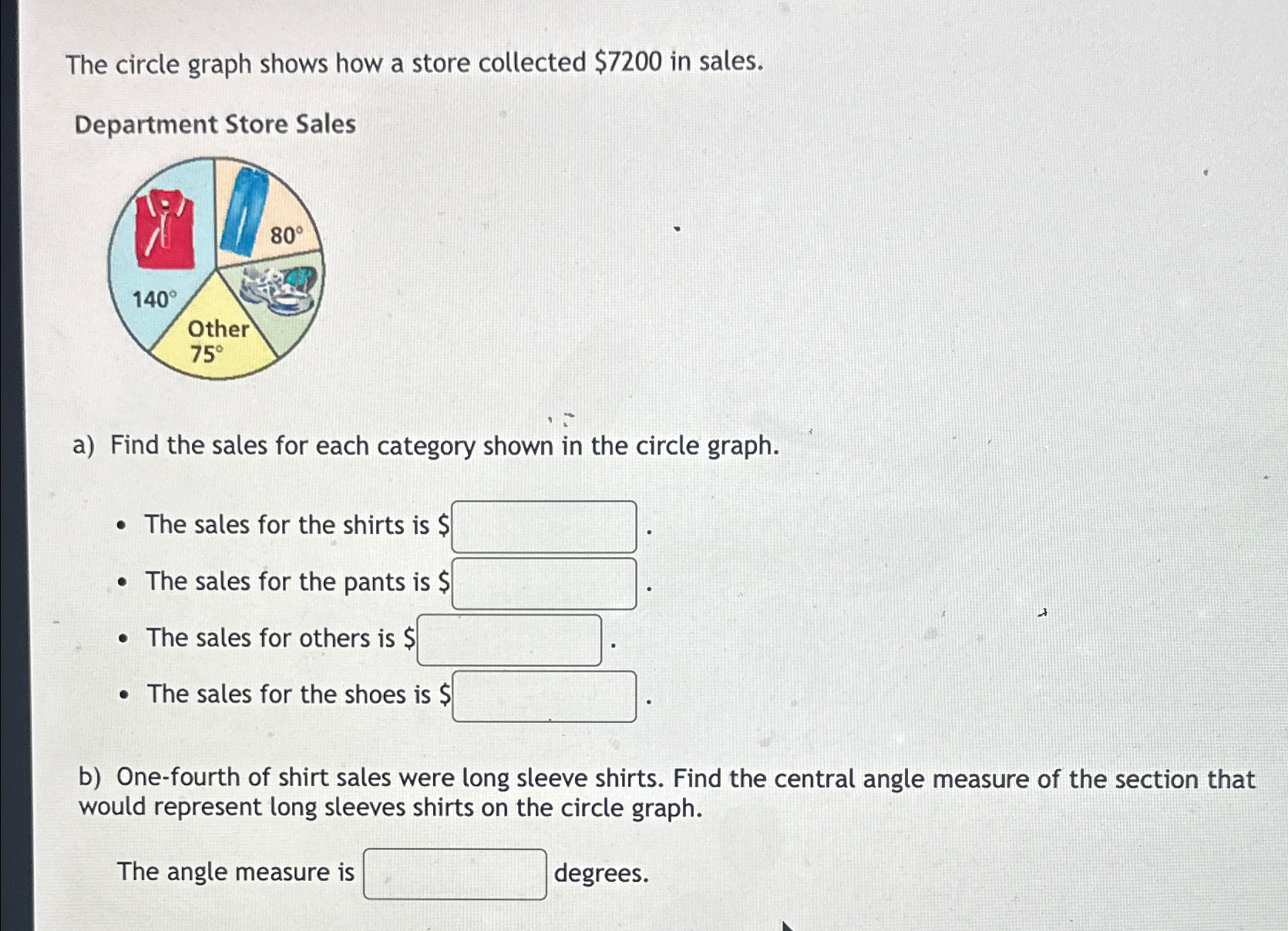 Solved The circle graph shows how a store collected $7200 | Chegg.com