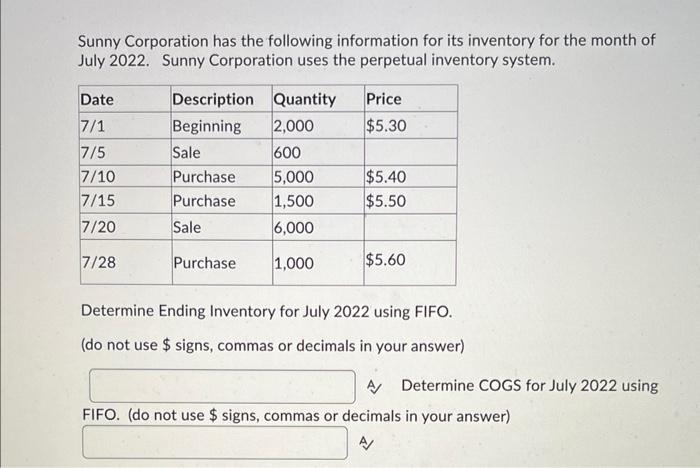 Solved Sunny Corporation Has The Following Information For | Chegg.com