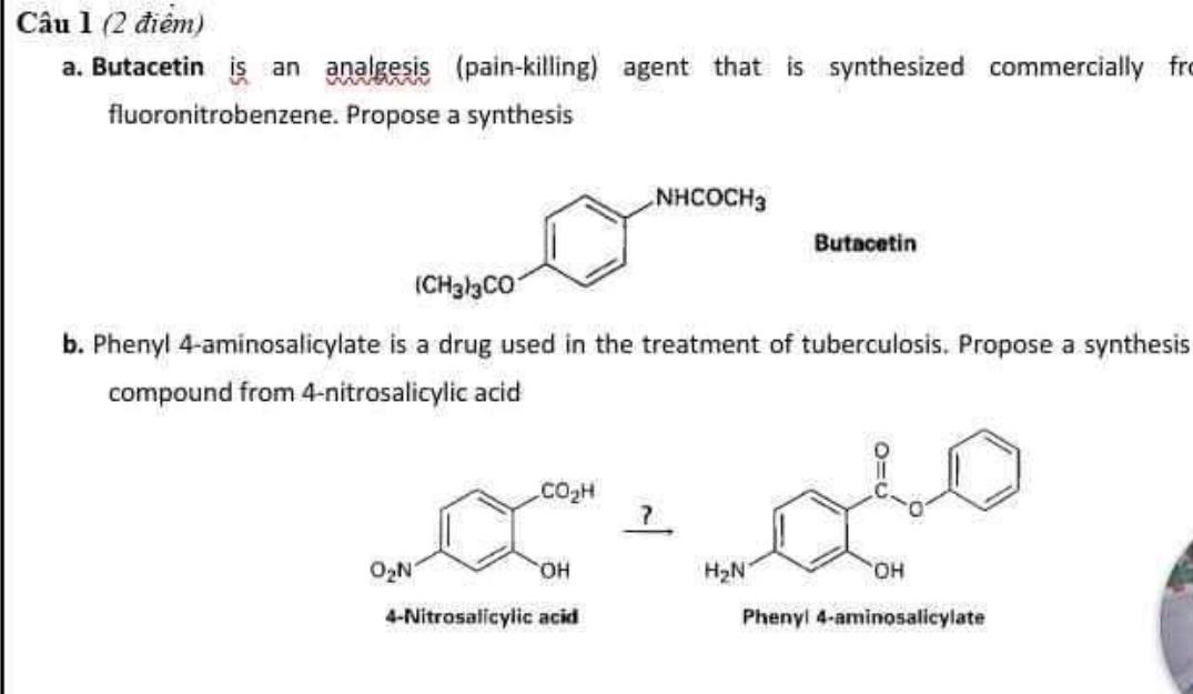 Solved Câu 1 (2 điêm)a. ﻿Butacetin is an analgesis | Chegg.com