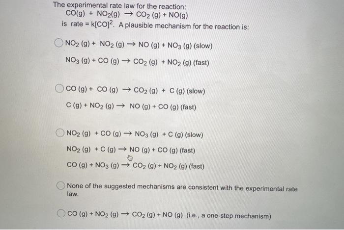 Solved The experimental rate law for the reaction: CO(g) + | Chegg.com