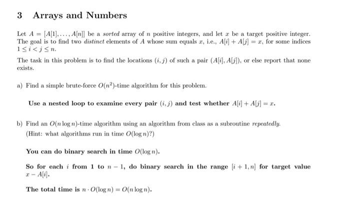 Solved 3 Arrays and Numbers Let A=[A[1],…,A[n]] be a sorted | Chegg.com