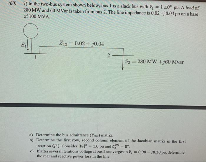 Solved (60) 7) In the two-bus system shown below, bus 1 is a | Chegg.com