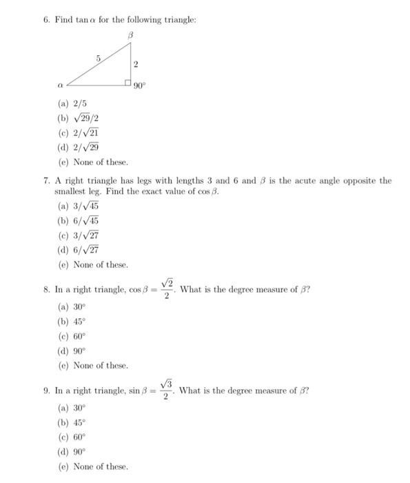 Solved Multiple Choice: (2.1) 1. Find cos a for the | Chegg.com
