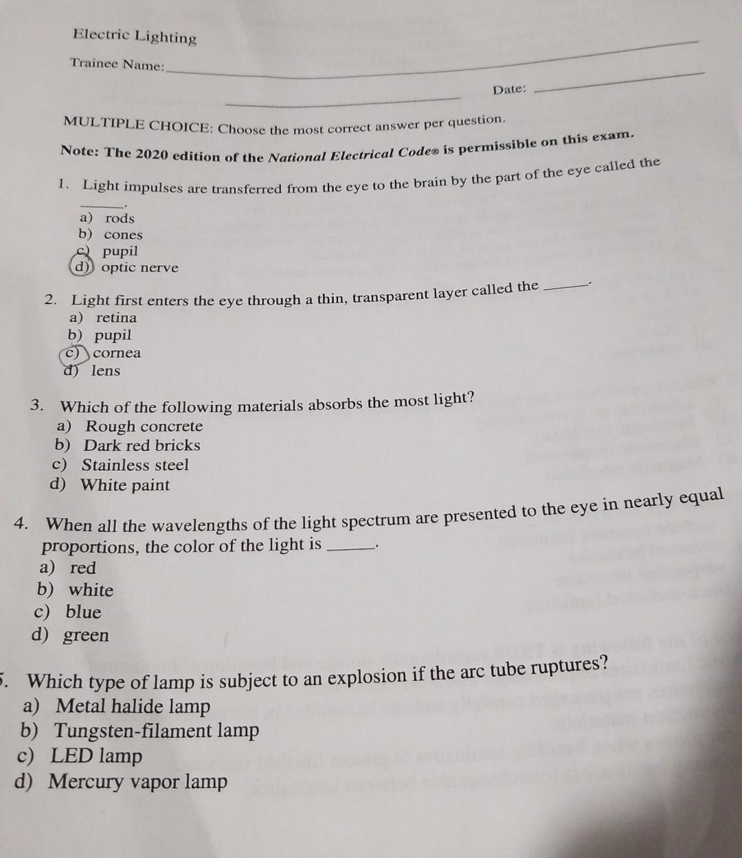 Solved Electric Lighting Trainee Name MULTIPLE CHOICE