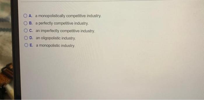 A. a monopolistically competitive industry.
B. a perfectly competitive industry.
C. an imperfectly competitive industry.
D. a