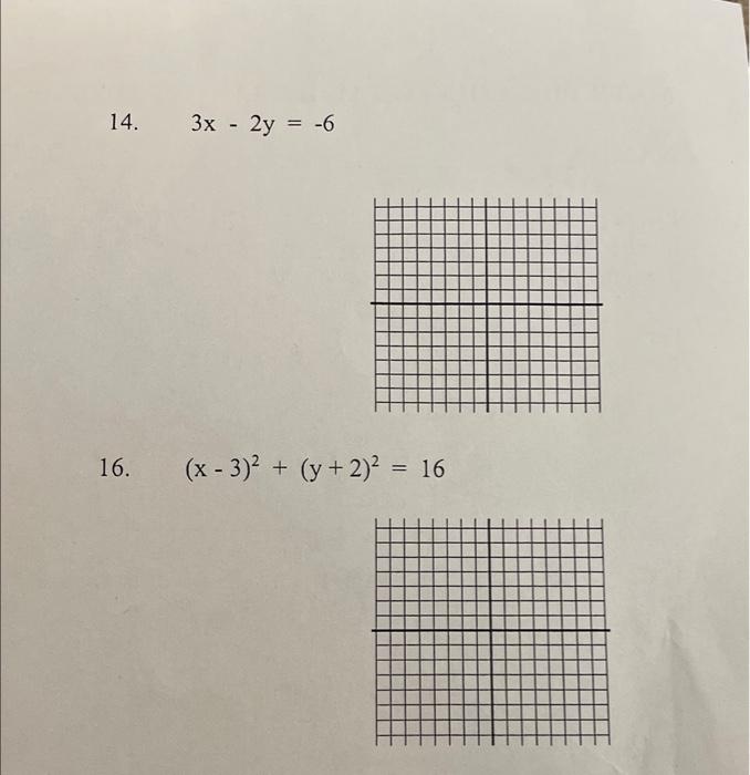 14. \( 3 x-2 y=-6 \) 16. \( \quad(x-3)^{2}+(y+2)^{2}=16 \)