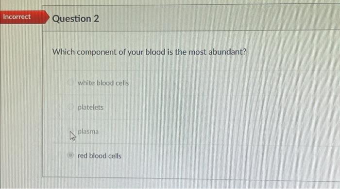 Solved Incorrect Question 2 Which component of your blood is | Chegg.com