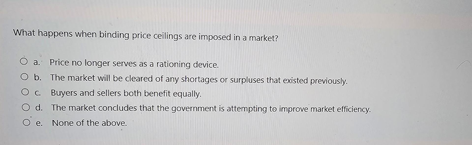Solved What happens when binding price ceilings are imposed | Chegg.com