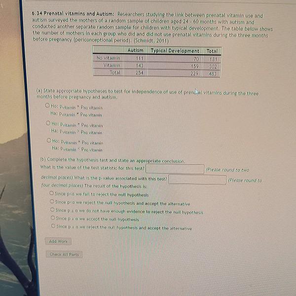 Solved 6.34 Prenatal vitamins and Autism Researchers