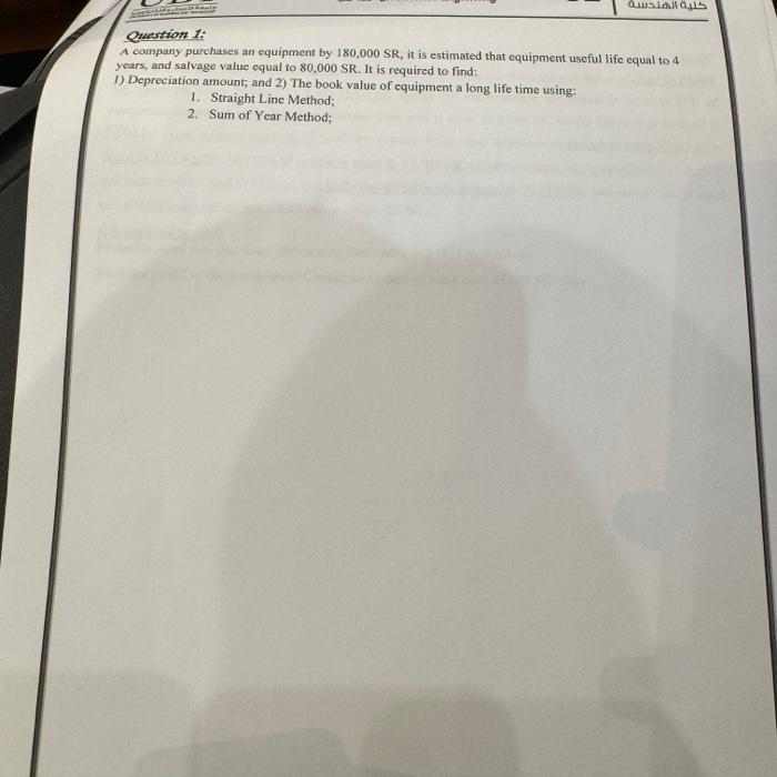 Solved A company purchases an equipment by 180,000SR, it is