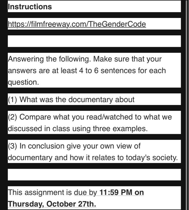 https://filmfreeway.com/TheGenderCode Answering the | Chegg.com