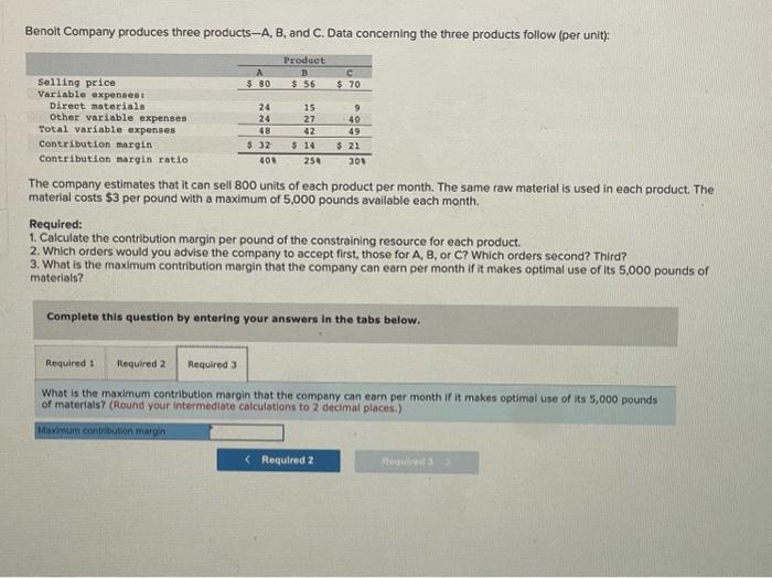 Solved Benoit Company produces three productsA, B, and C.