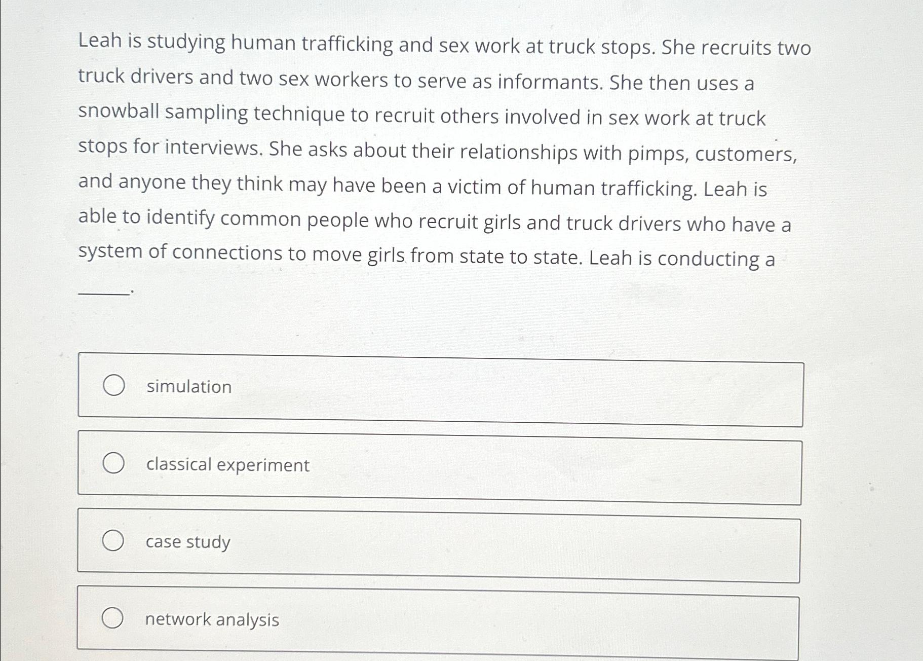 Solved Leah is studying human trafficking and sex work at | Chegg.com