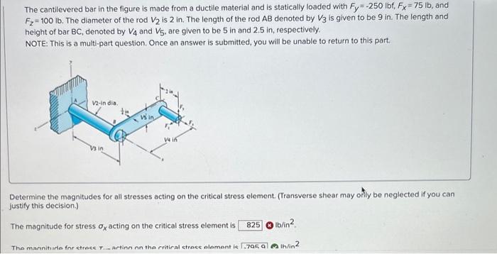 The cantilevered bar in the figure is made from a ductile material and is statically loaded with \( F_{y}=-250 \mathrm{lbf},