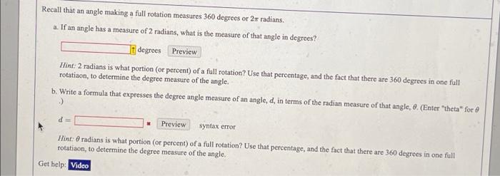 Solved Recall that an angle making a full rotation measures | Chegg.com