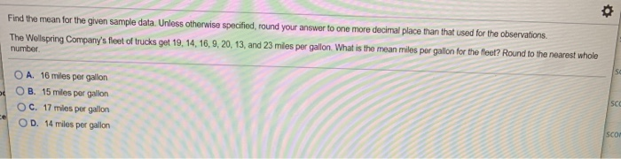 Solved Find the mean for the given sample data. Unless | Chegg.com