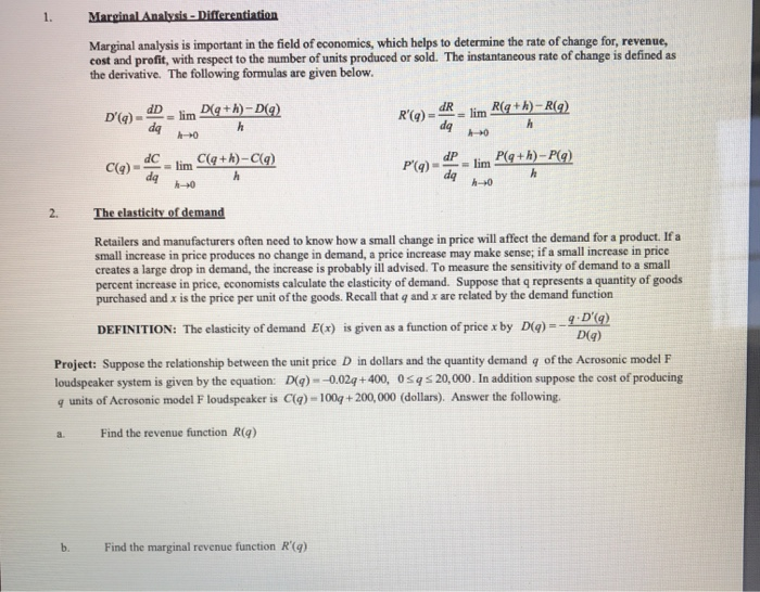 Solved Marginal Analysis - Differentiation Marginal analysis | Chegg.com