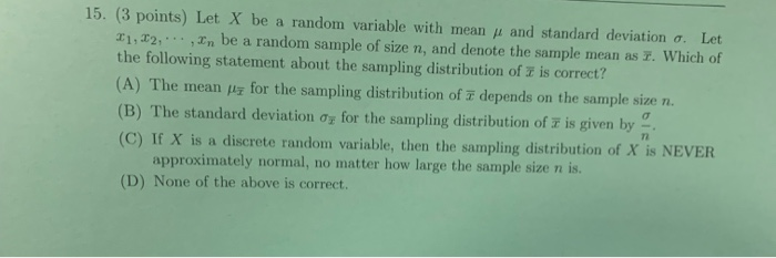 Solved 15. (3 points) Let X be a random variable with mean | Chegg.com