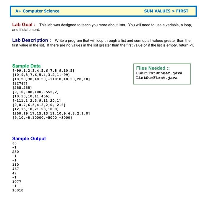 Solved A+ Computer Science SUM VALUES > FIRST Lab Goal: This | Chegg.com
