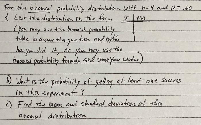 Solved For the binomial probability distribution with n=4 | Chegg.com