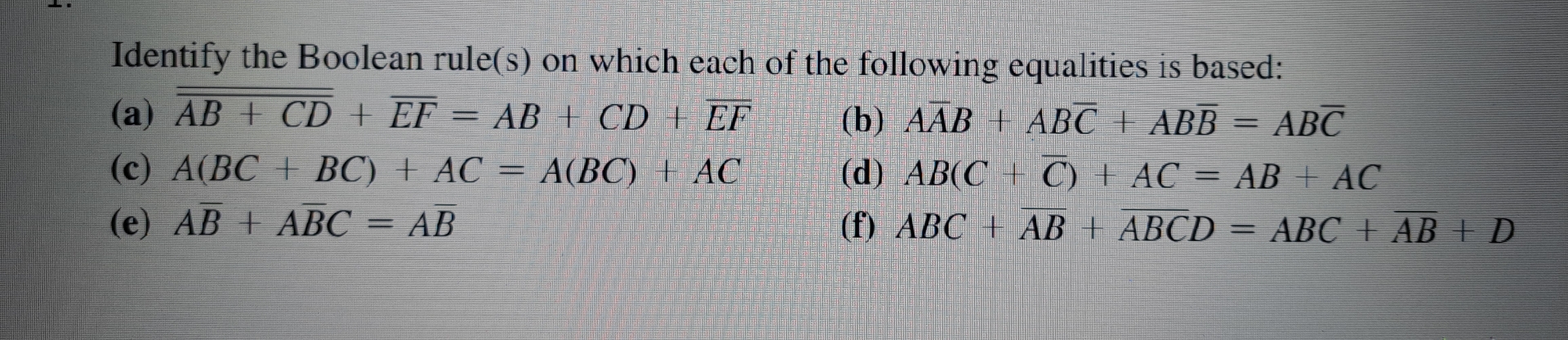 Solved Identify the Boolean rule(s) ﻿on which each of the | Chegg.com